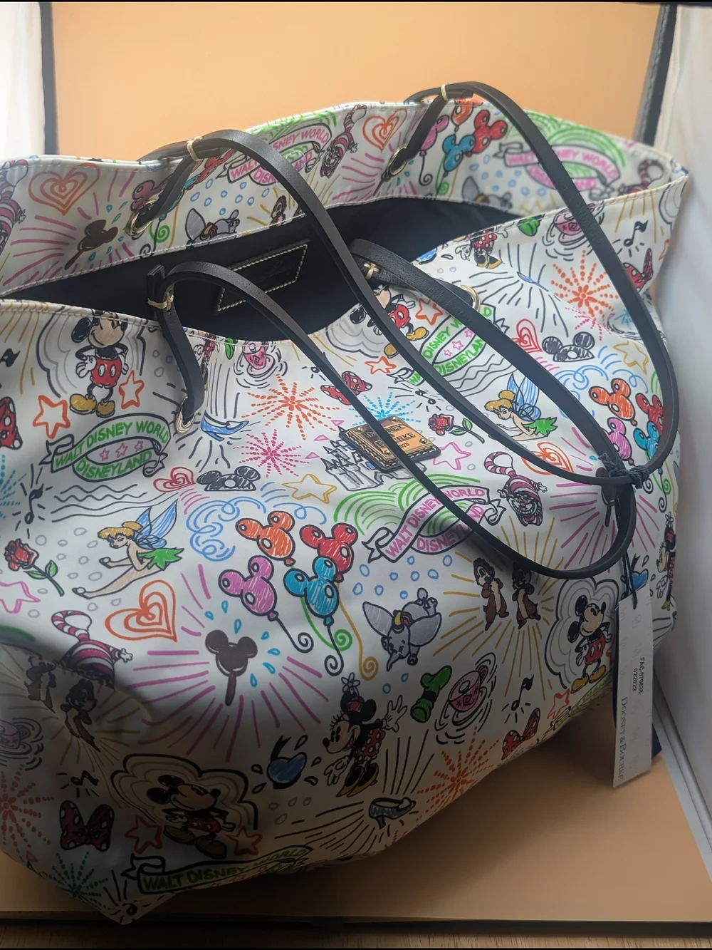White Multicolor Disney Print Tote Bag with Black Straps - Picture 1 of 6